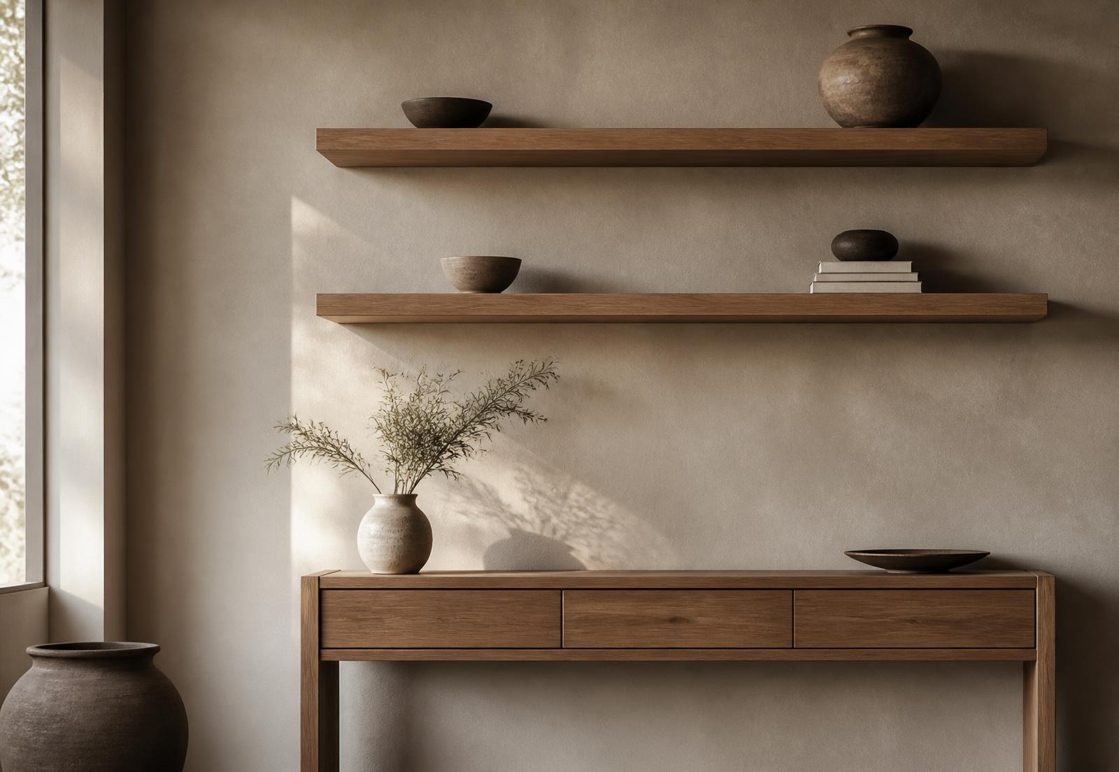 Bespoke oak shelving and a handmade console unit built for a home in Kew