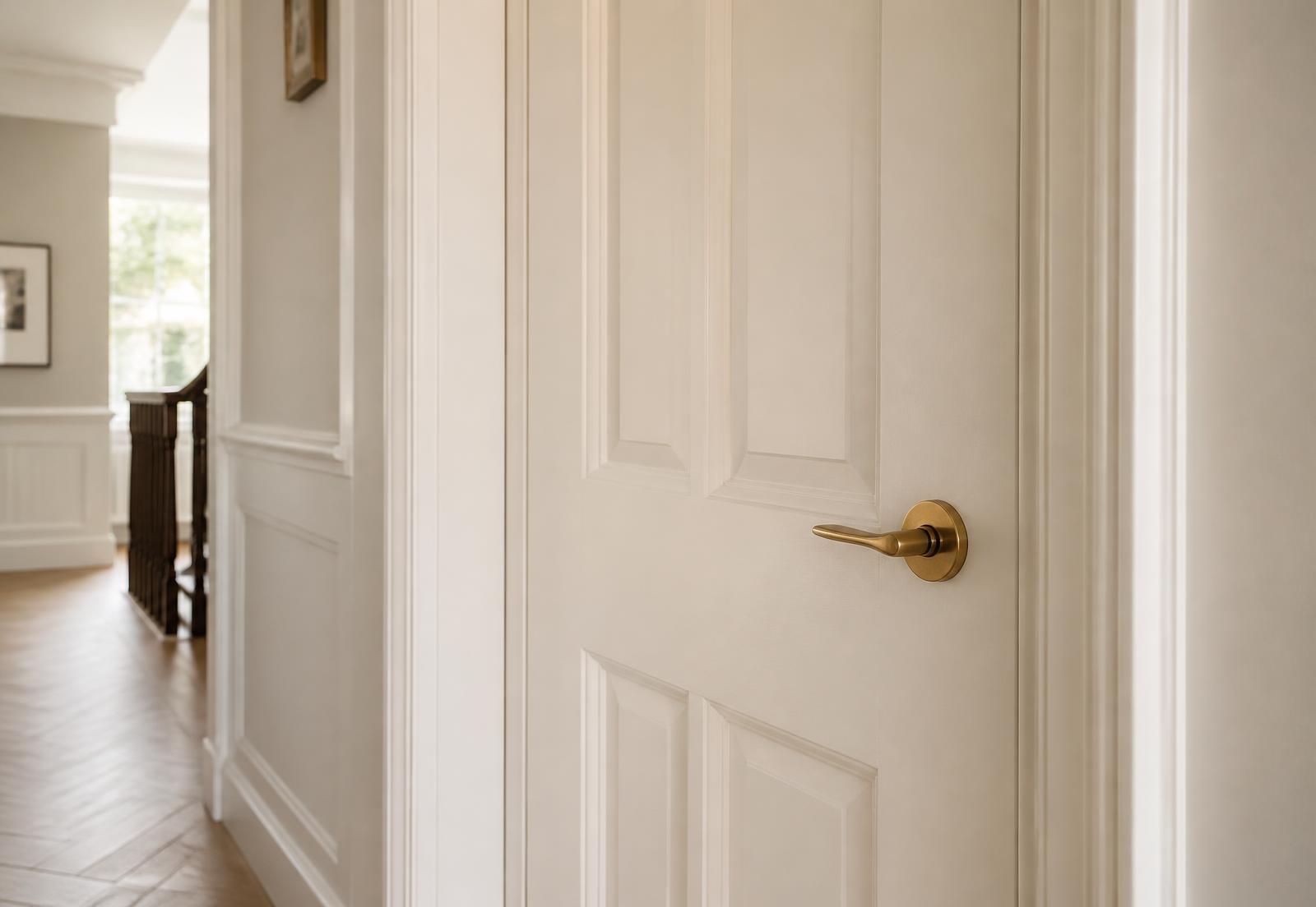 Newly hung panelled internal door with brass handle in a Hammersmith hallway