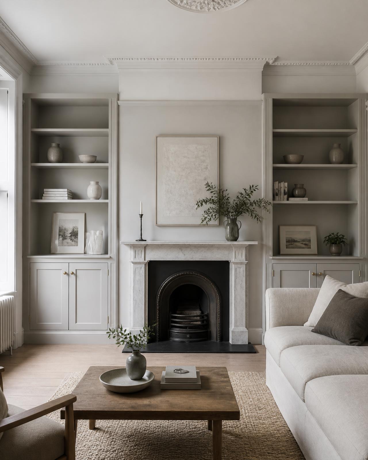 Bespoke alcove cupboards and shelving fitted either side of a chimney breast in a Chiswick living room