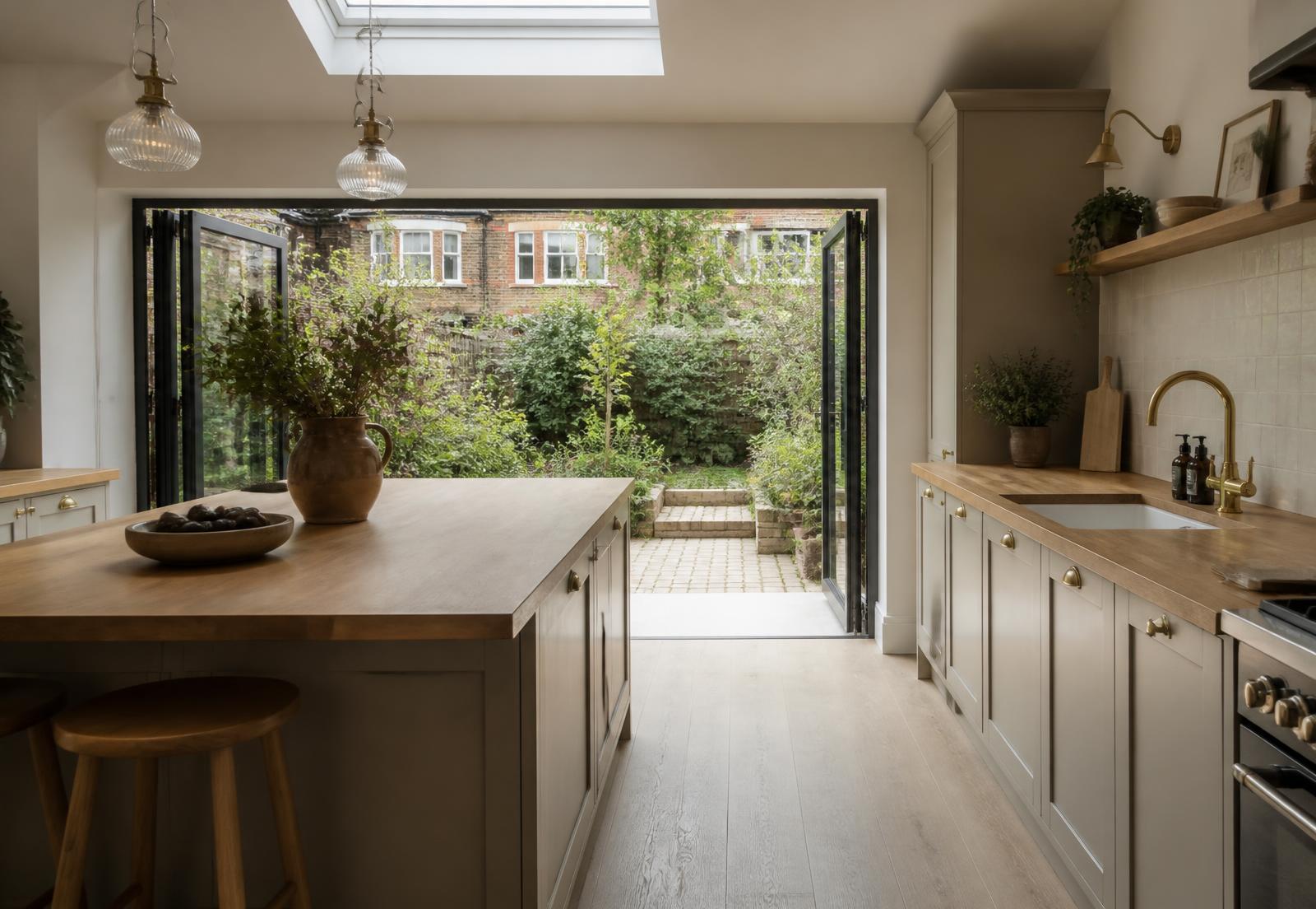 Kitchen fitting in Chiswick with oak worktops and painted cabinetry in a West London extension