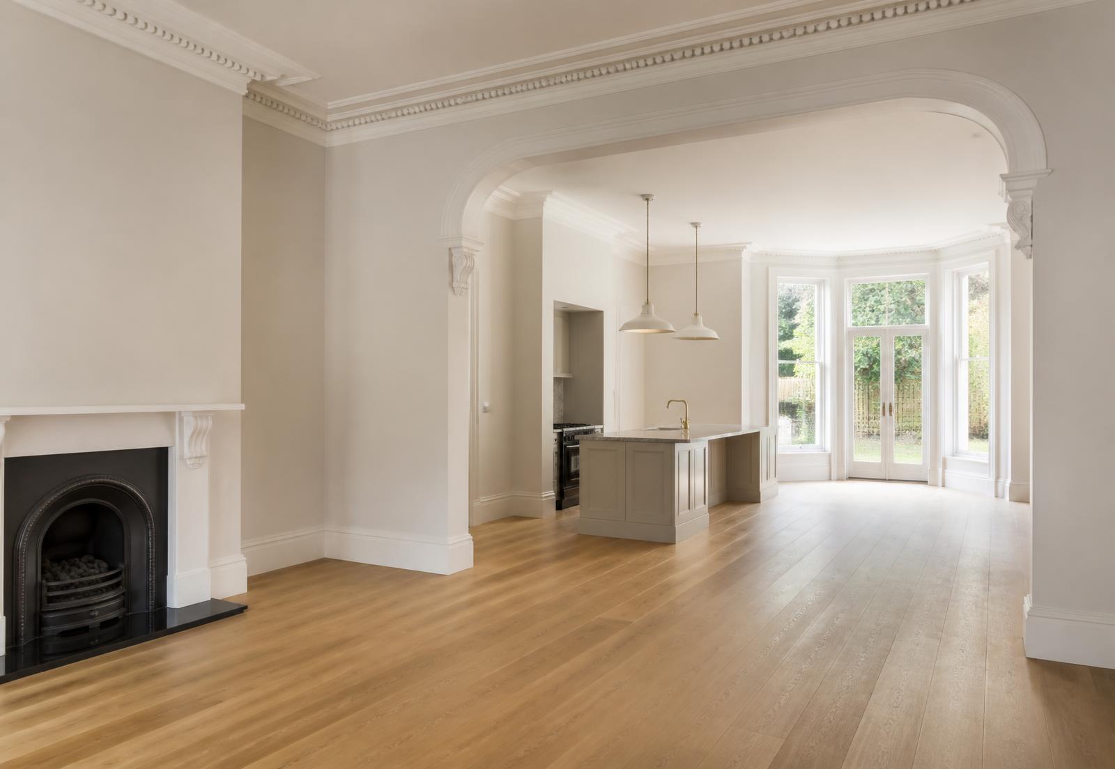 Completed home refurbishment in West London with restored cornicing and new oak flooring